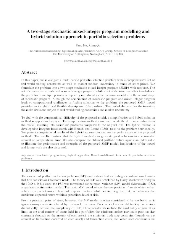 A two-stage stochastic mixed-integer program modelling and hybrid solution approach to portfolio selection problems Thumbnail