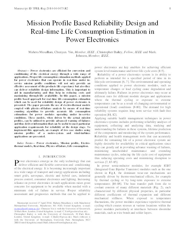 Mission Profile-Based Reliability Design and Real-Time Life Consumption Estimation in Power Electronics Thumbnail