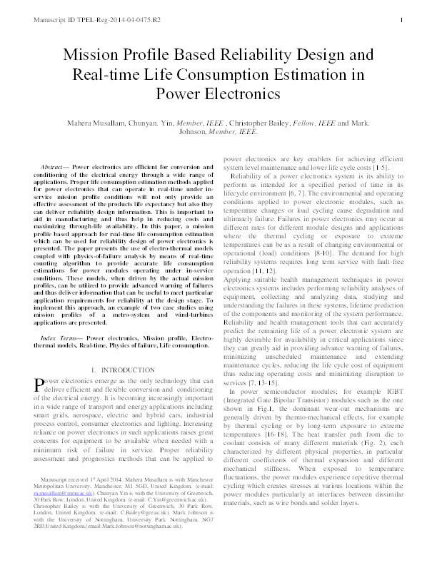 Mission Profile-Based Reliability Design and Real-Time Life Consumption Estimation in Power Electronics Thumbnail