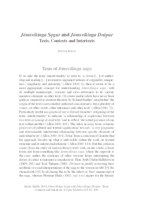 Jómsvíkinga Sǫgur and Jómsvíkinga Drápur: texts, contexts and intertexts Thumbnail