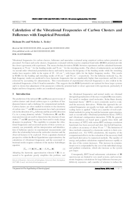 Calculation of the vibrational frequencies of carbon clusters and fullerenes with empirical potentials Thumbnail