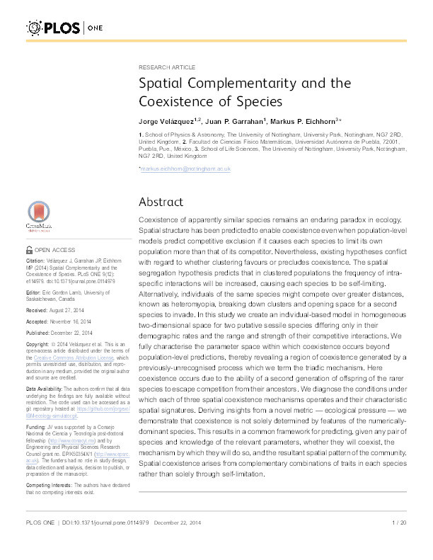 Spatial complementarity and the coexistence of species Thumbnail