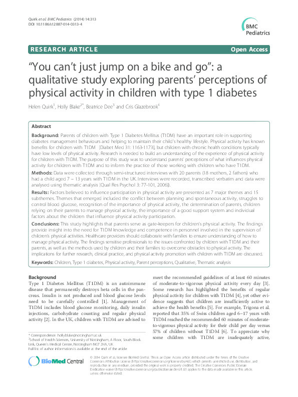 “You can’t just jump on a bike and go”: a qualitative study exploring parents’ perceptions of physical activity in children with type 1 diabetes Thumbnail