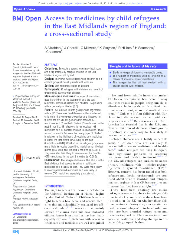 Access to medicines by child refugees in the East Midlands region of England: a cross-sectional study Thumbnail