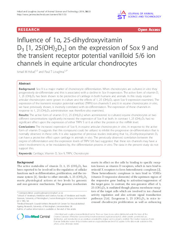 Influence of 1?, 25-dihydroxyvitamin D3 [1, 25(OH)2D3] on the expression of Sox 9 and the transient receptor potential vanilloid 5/6 ion channels in equine articular chondrocytes Thumbnail