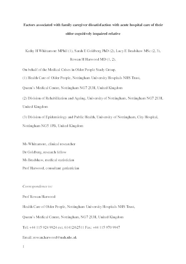 Factors associated with family caregiver dissatisfaction with acute hospital care of older cognitively impaired relatives Thumbnail