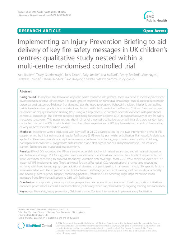 Implementing an Injury Prevention Briefing to aid delivery of key fire safety messages in UK children’s centres: qualitative study nested within a multi-centre randomised controlled trial Thumbnail