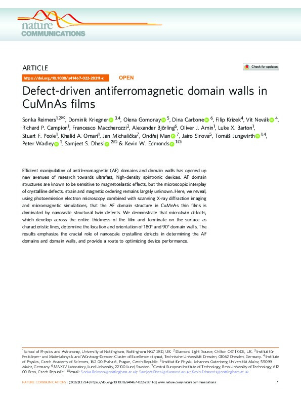 Defect-driven antiferromagnetic domain walls in CuMnAs films Thumbnail