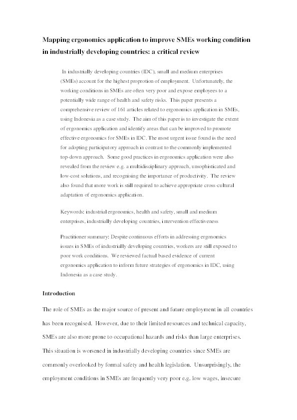 Mapping ergonomics application to improve SMEs working condition in industrially developing countries: a critical review Thumbnail