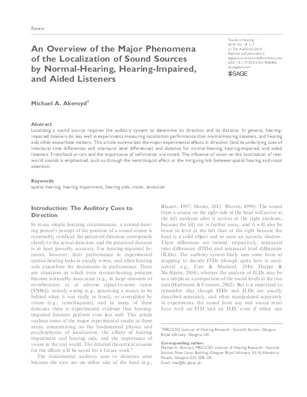 An overview of the major phenomena of the localization of sound sources by normal-hearing, hearing-impaired, and aided listeners Thumbnail