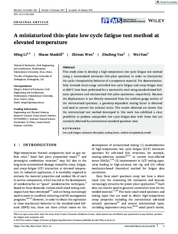 A miniaturized thin-plate low cycle fatigue test method at elevated temperature Thumbnail