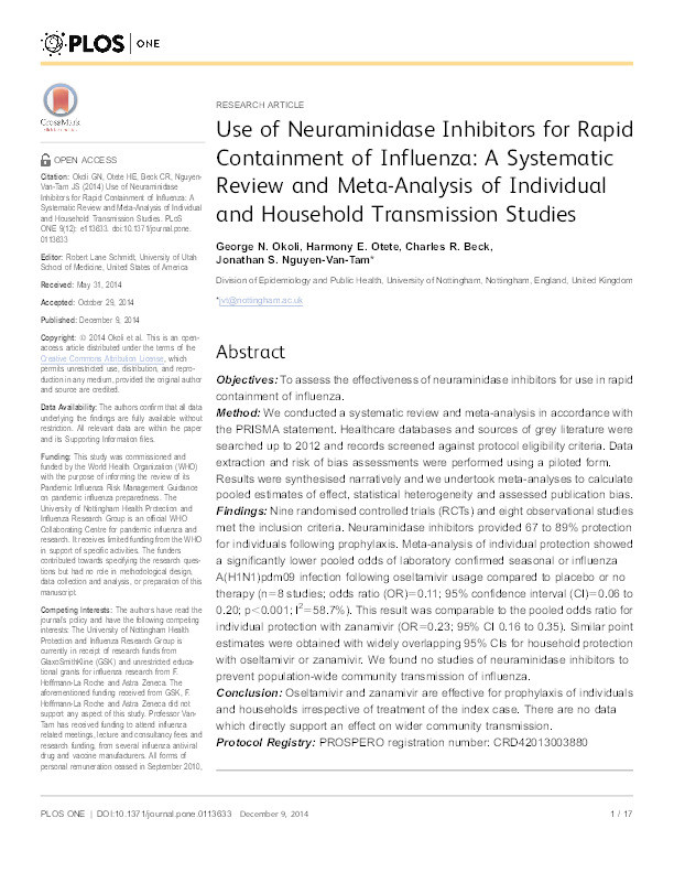 Use of neuraminidase inhibitors for rapid containment of influenza: a systematic review and meta-analysis of individual and household transmission studies Thumbnail