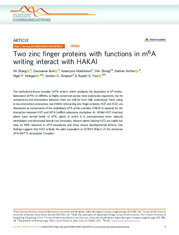 Two zinc finger proteins with functions in m6A writing interact with HAKAI Thumbnail