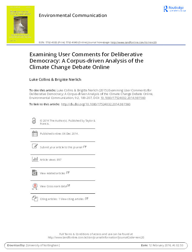 Examining user comments for deliberative democracy: a corpus-driven analysis of the climate change debate online Thumbnail