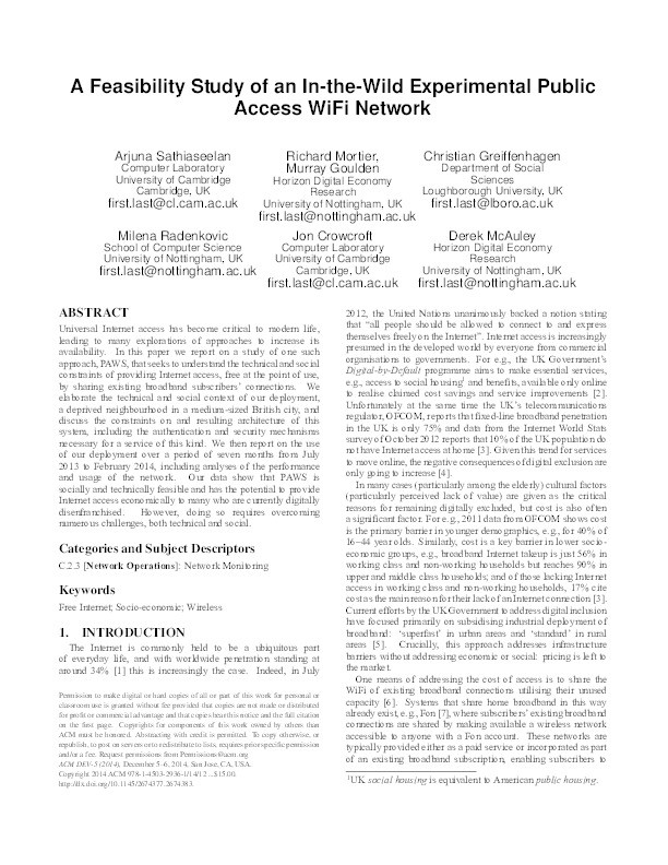 A feasibility study of an in-the-wild experimental public access WiFi network Thumbnail