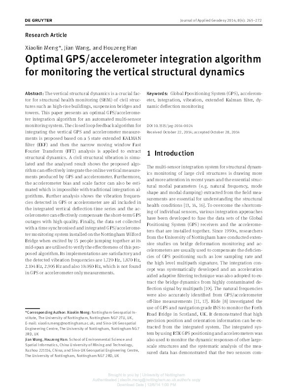 Optimal GPS/accelerometer integration algorithm for monitoring the vertical structural dynamics Thumbnail