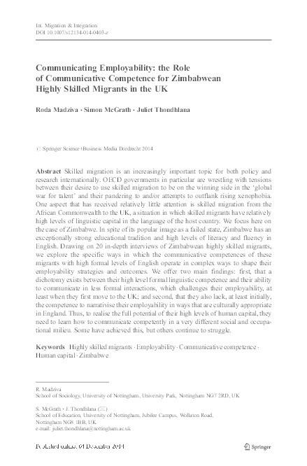 Communicating employability: the role of communicative competence for Zimbabwean highly skilled migrants in the UK Thumbnail