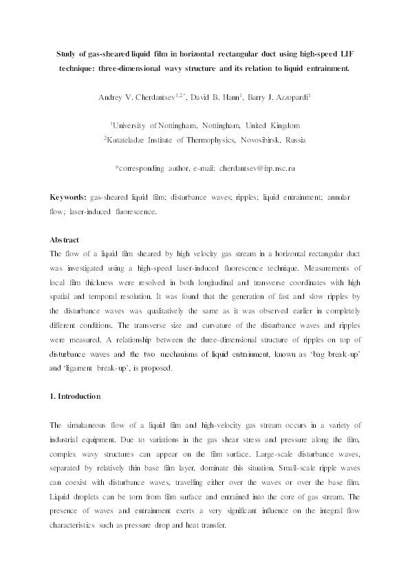 Study of gas-sheared liquid film in horizontal rectangular duct using high-speed LIF technique: Three-dimensional wavy structure and its relation to liquid entrainment Thumbnail