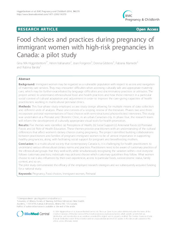 Food choices and practices during pregnancy of immigrant women with high-risk pregnancies in Canada: a pilot study Thumbnail