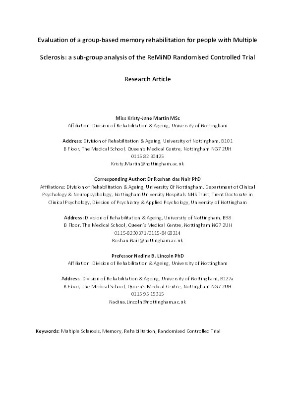 Group-based memory rehabilitation for people with multiple sclerosis: Subgroup analysis of the remind trial Thumbnail