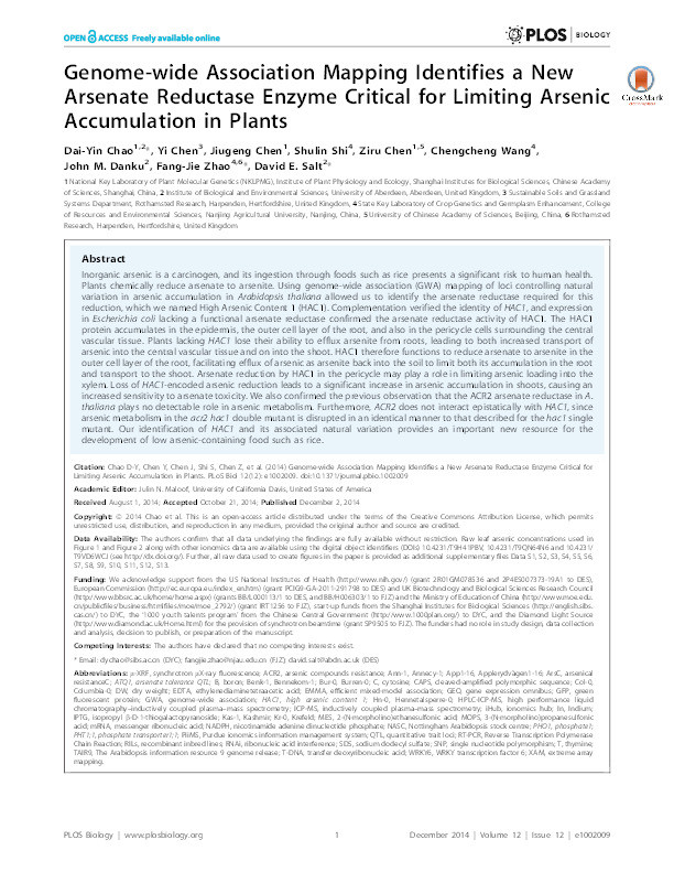 Genome-wide association mapping identifies a new arsenate reductase enzyme critical for limiting arsenic accumulation in plants Thumbnail