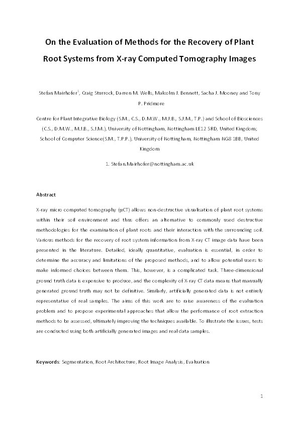 On the evaluation of methods for the recovery of plant root systems from X-ray computed tomography images Thumbnail