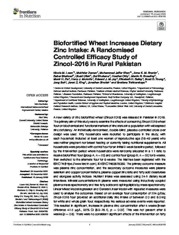 Biofortified Wheat Increases Dietary Zinc Intake: A Randomised Controlled Efficacy Study of Zincol-2016 in Rural Pakistan Thumbnail