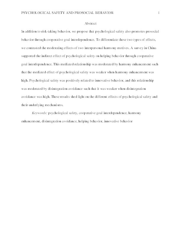 Beyond risk-taking: effects of psychological safety on cooperative goal interdependence and prosocial behavior Thumbnail