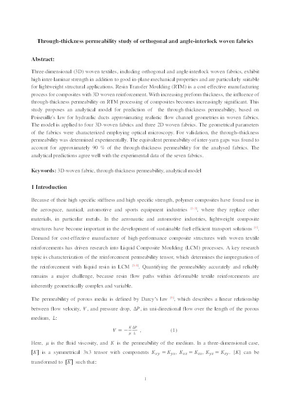 Through-thickness permeability study of orthogonal and angle-interlock woven fabrics Thumbnail