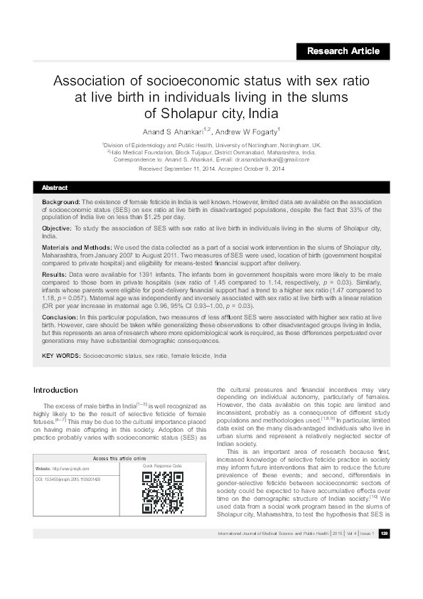 Association of socioeconomic status with sex ratio at live birth in individuals living in the slums of Sholapur city, India Thumbnail