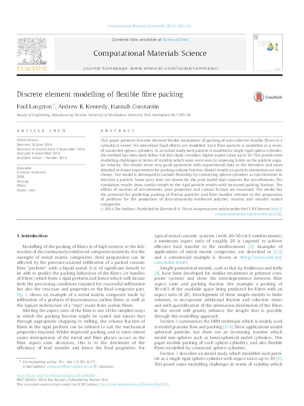 Discrete element modelling of flexible fibre packing Thumbnail