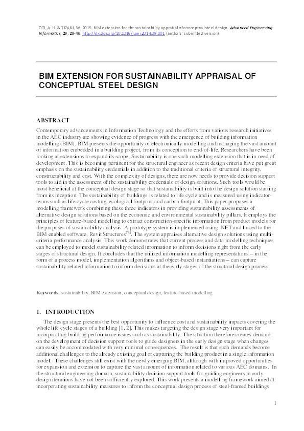 BIM extension for the sustainability appraisal of conceptual steel design Thumbnail