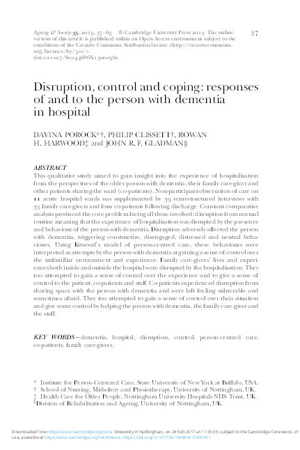 Disruption, control and coping: responses of and to the person with dementia in hospital Thumbnail