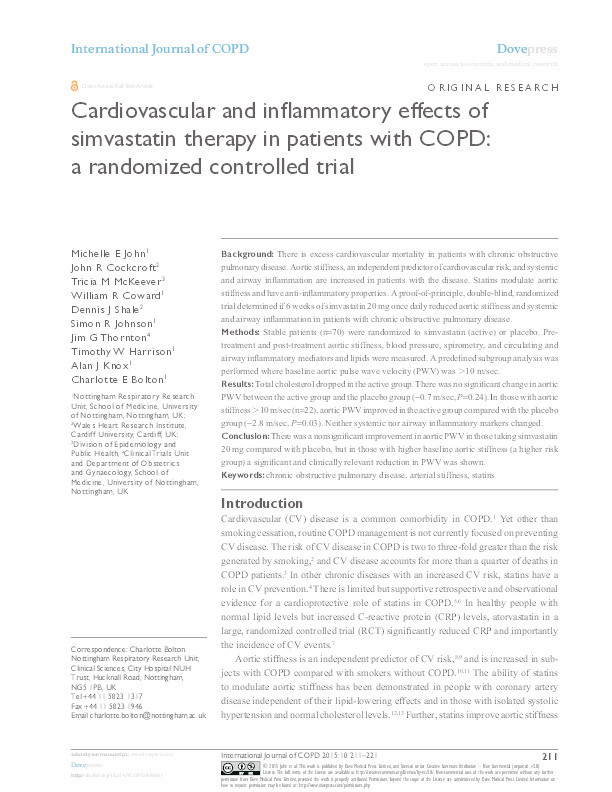 Cardiovascular and inflammatory effects of simvastatin therapy in patients with COPD: a randomized controlled trial. Thumbnail