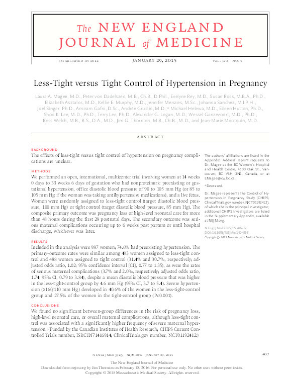 Less-tight versus tight control of hypertension in pregnancy Thumbnail