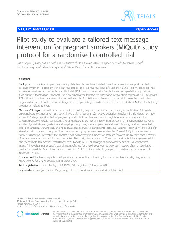 Pilot study to evaluate a tailored text message intervention for pregnant smokers (MiQuit): study protocol for a randomised controlled trial Thumbnail
