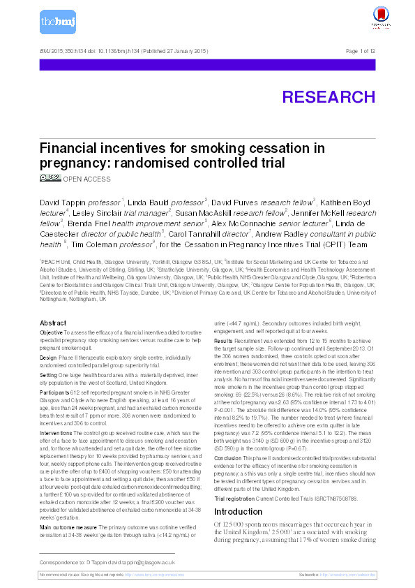 Financial incentives for smoking cessation in pregnancy: randomised controlled trial Thumbnail