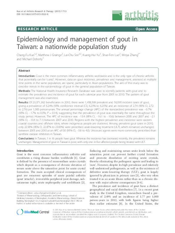 Epidemiology and management of gout in Taiwan: a nationwide population study Thumbnail