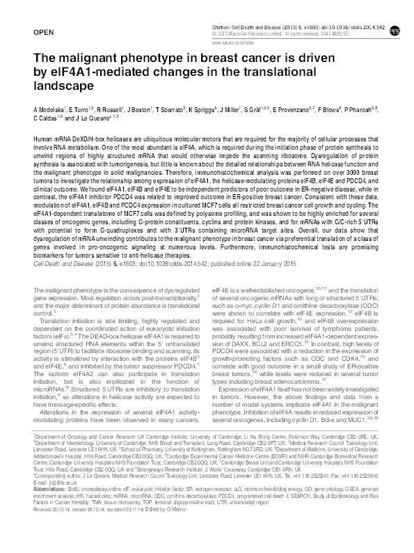 The malignant phenotype in breast cancer is driven by eIF4A1-mediated changes in the translational landscape Thumbnail