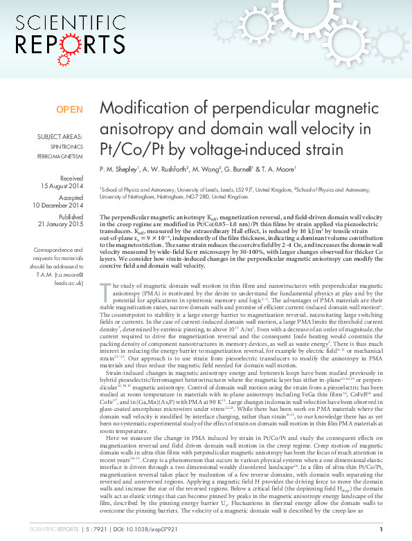Modification of perpendicular magnetic anisotropy and domain wall velocity in Pt/Co/Pt by voltage-induced strain Thumbnail