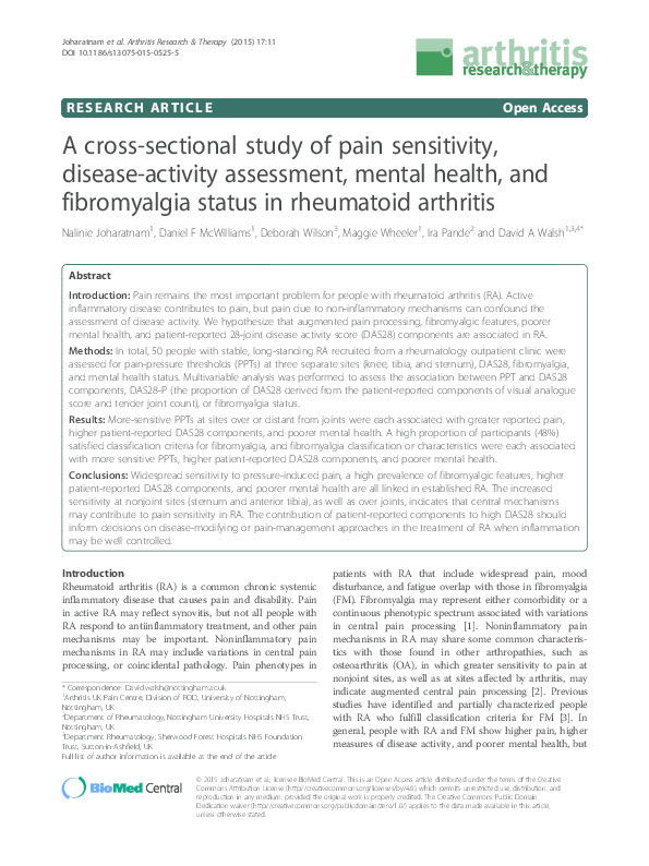 A cross-sectional study of pain sensitivity, disease-activity assessment, mental health, and fibromyalgia status in rheumatoid arthritis Thumbnail