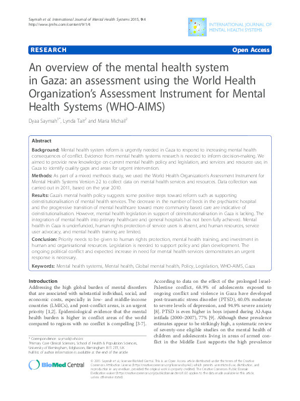 An overview of the mental health system in Gaza: an assessment using the World Health Organization’s Assessment Instrument for Mental Health Systems (WHO-AIMS) Thumbnail