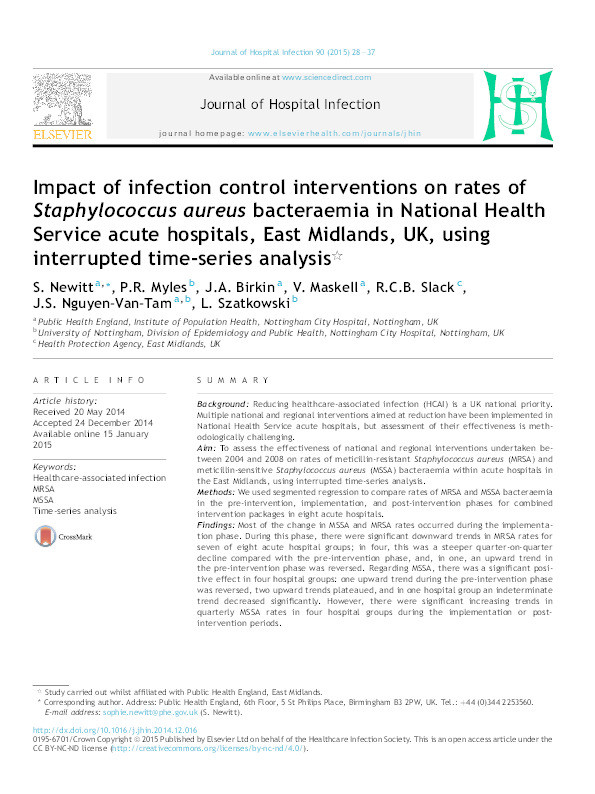 Impact of infection control interventions on rates of Staphylococcus aureus bacteraemia in National Health Service acute hospitals, East Midlands, UK, using interrupted time-series analysis Thumbnail