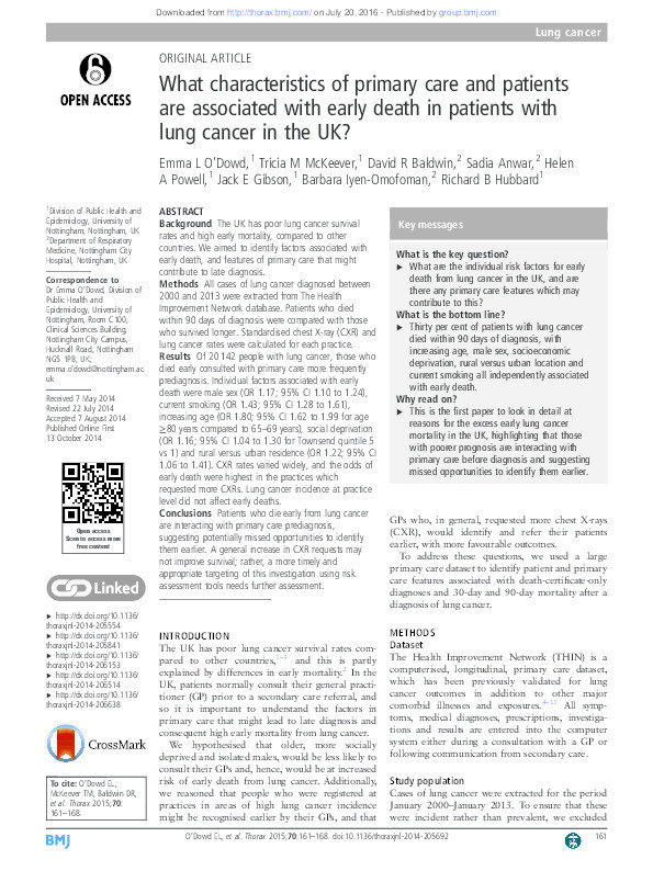 What characteristics of primary care and patients are associated with early death in patients with lung cancer in the UK? Thumbnail
