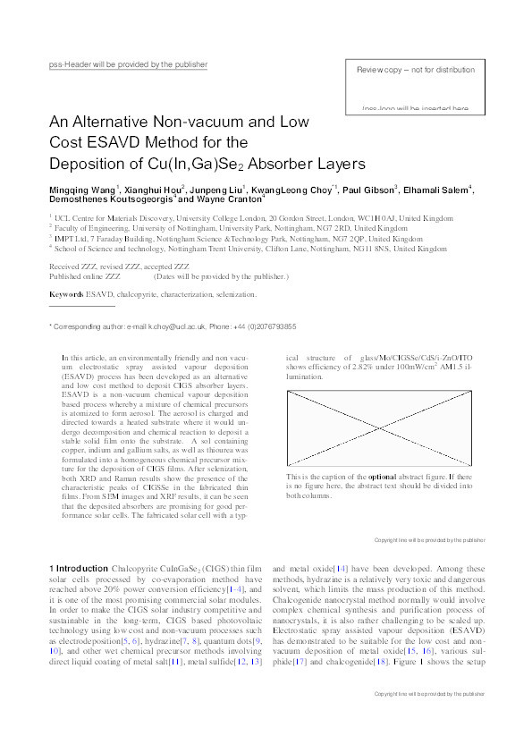 An alternative non-vacuum and low cost ESAVD method for the deposition of Cu(In,Ga)Se2 absorber layers Thumbnail