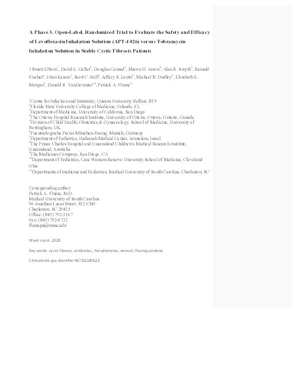 A phase 3, open-label, randomized trial to evaluate the safety and efficacy of levofloxacin inhalation solution (APT-1026) versus tobramycin inhalation solution in stable cystic fibrosis patients Thumbnail