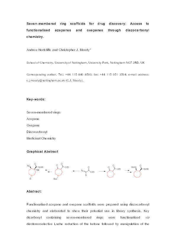 Seven-membered ring scaffolds for drug discovery: Access to functionalised azepanes and oxepanes through diazocarbonyl chemistry Thumbnail