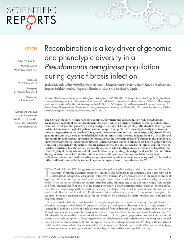 Recombination is a key driver of genomic and phenotypic diversity in a Pseudomonas aeruginosa population during cystic fibrosis infection Thumbnail