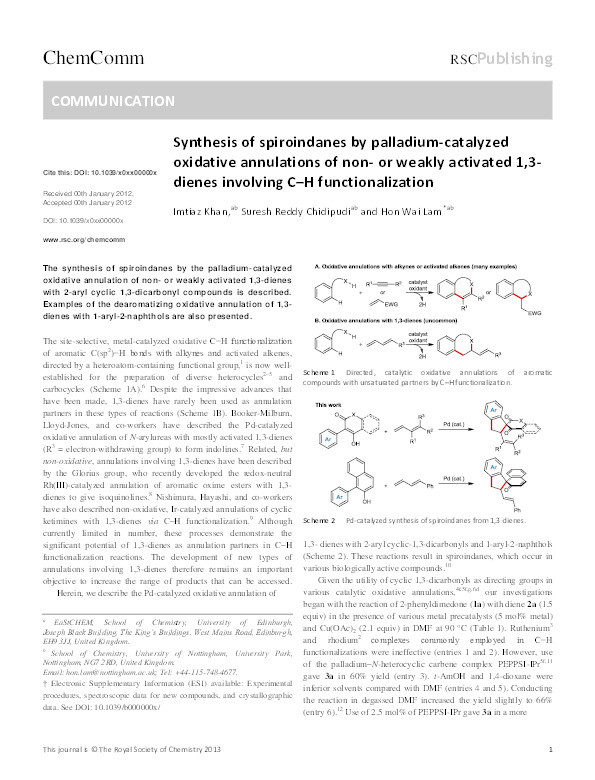 Synthesis of spiroindanes by palladium-catalyzed oxidative annulations of non- or weakly activated 1,3-dienes involving C–H functionalization Thumbnail