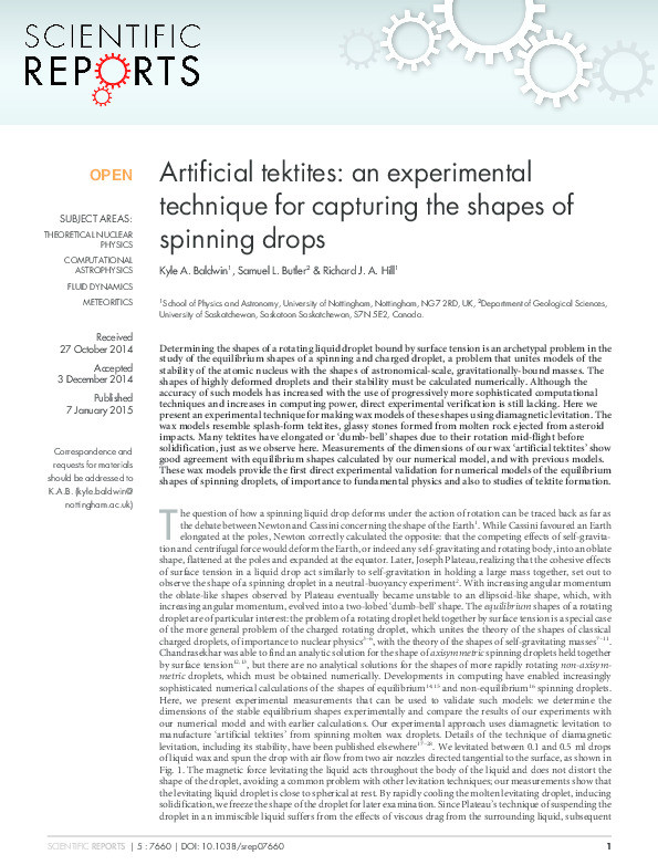 Artificial tektites: an experimental technique for capturing the shapes of spinning drops Thumbnail